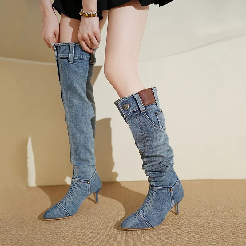 Pointed Toe Knight Women Retro Brown PU Leather Knee High Boots Woman Autumn Winter Western Cowboy Long Botas Mujer