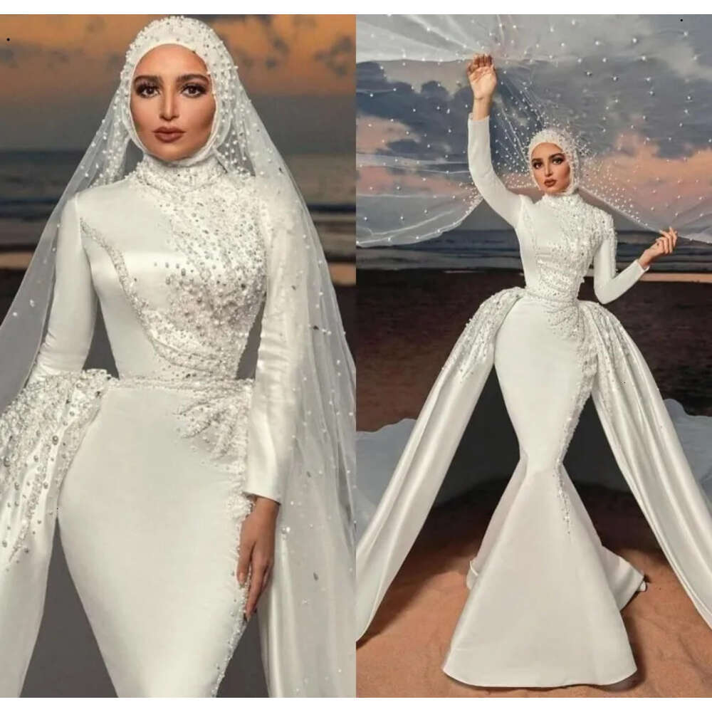 Muslim Mermaid Wedding Dresses With Detachable Train Satin Beaded Bridal Gowns Pearls Hijab Custom Made Robes De Marie Bes 6660306