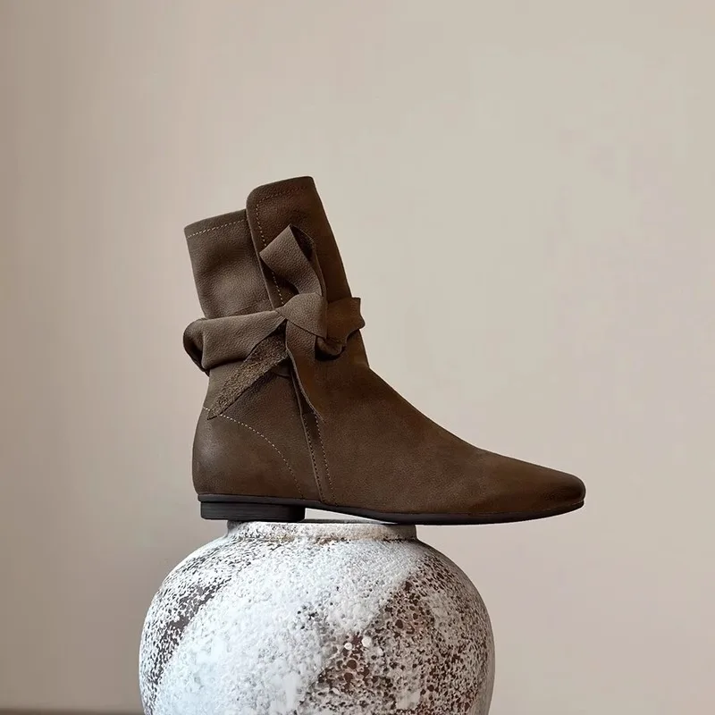 Women Leather Handmade High Quality Flats Army Green Short Boots with Strap Bow-tie Shoes Autumn Winter