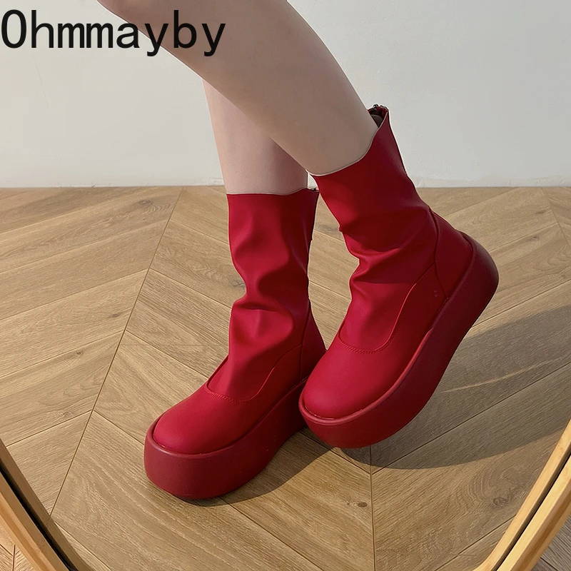 Women Chunky Short Boots Fashion Waterproof Back Zippers Shoes Autumn Winter Platform Flats Women's Ankle Booties d275 's