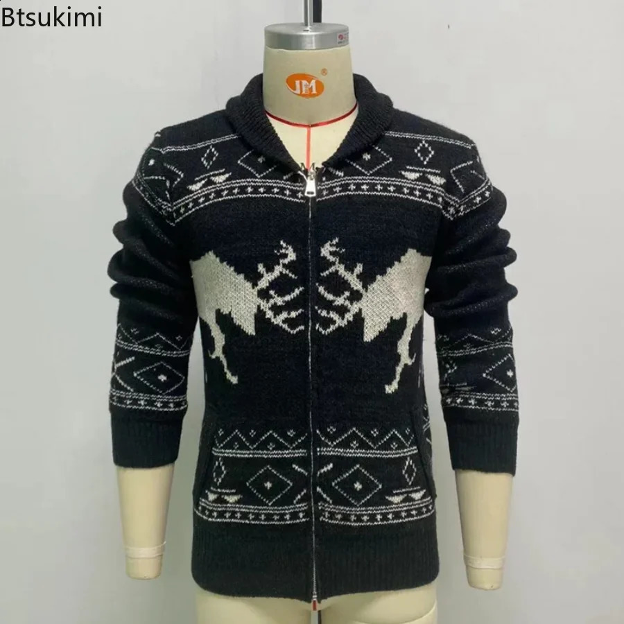 Autumn Winter Mens Warm Sweater Cardigans Deer Pattern Knitted High Street Oversize Cardigan Vintage Casual Christmas Knitwear 240903