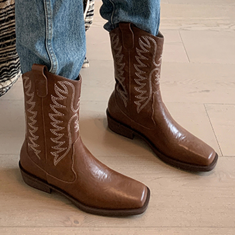Embroidered Women Western Ankle Vintage Square Head Thick Heel Fashion Booties Autumn Winter New Mid-Calf Ladies Boots c687