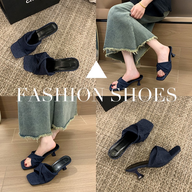 Fashion Summer Denim Women Slippers New Sexy Pointed Toe Thin Heels Female Slides Slip On Party Dress Mules Shoes Quality S12 Fb41
