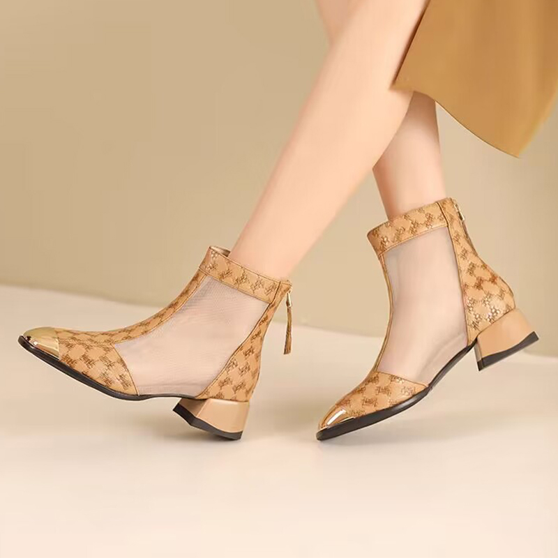 Black Mesh Breathable Women Thick Heel Ankle Boots Fashion Patchwork Print Close Toe Shoes 2024 Autumn Ladies Square Heel Pumps