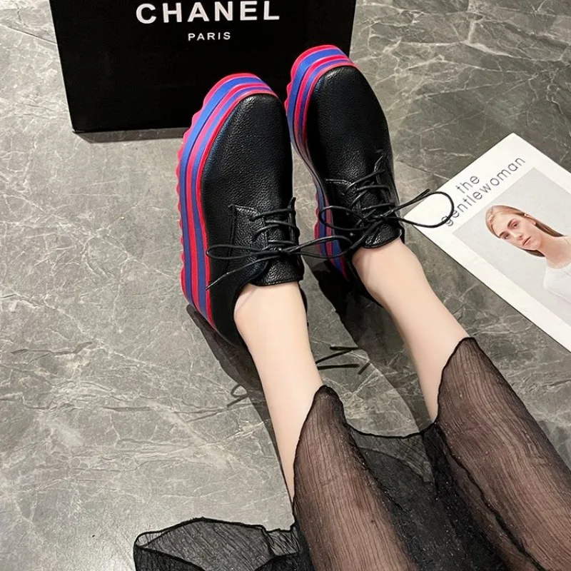 2024 Women Flats Shoes Spring Moccasin Fashion Creepers Shoes Lady Loafers Ladies Lace Up Platform Shoes Plus Size 35-43