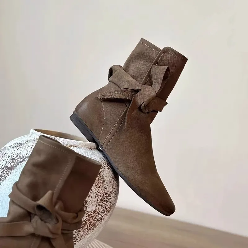 Women Leather Handmade High Quality Flats Army Green Short Boots with Strap Bow-tie Shoes Autumn Winter