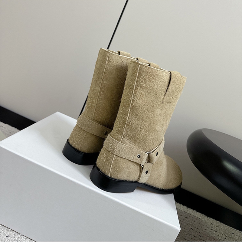 Mid-calf AIYUQI For New Belt Buckle Flat Frosted Western Cowboy Boots One-step Women Booties f860