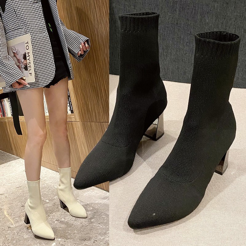 Winter 2024 New High-quality Fashion Pointed Toe Solid Color Thick Sleeves Women's High Heel Short Boots 2d71