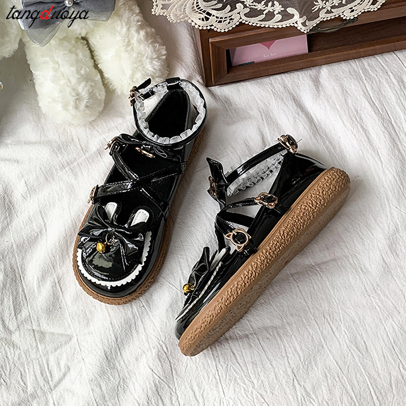 sweet lolita Red black bow Haruku cute JK cosplay women korean kawaii round head mary janes shoes