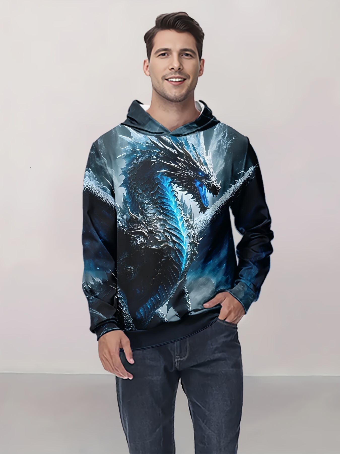 Men's Dragon Graphic Print Hoodie, Casual Long Sleeve Hooded Sweatshirt For Outdoor
