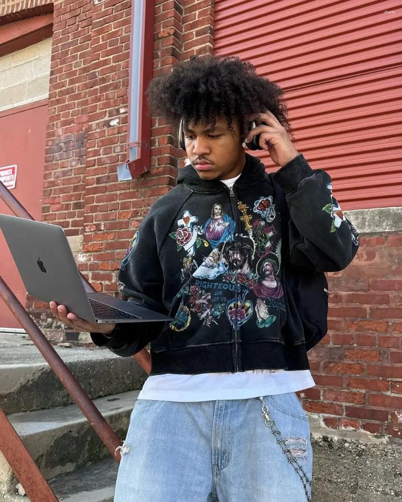 Mens Hoodies Autumn Harajuku Washed Zipper Hoodie Oversize Gothic Retro Printed Graphical Pattern Clothing Polyester Loose Sweatshirt