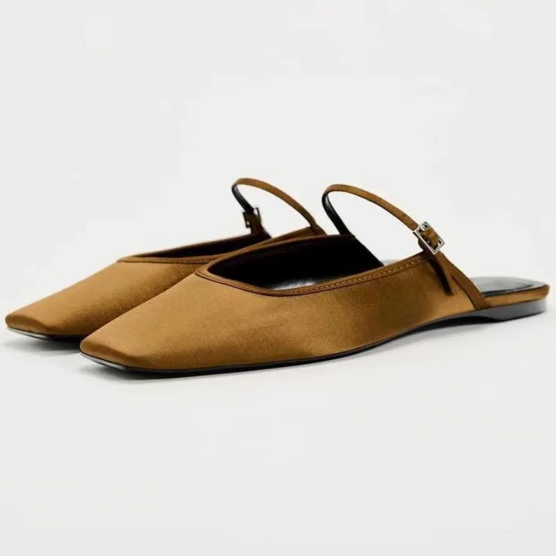 Summer Flat Sandals Woman 2024 New Square Toe Buckle Strap Breathable Satin Leisure Slingbacks Chic Mules Shoes for Ladies