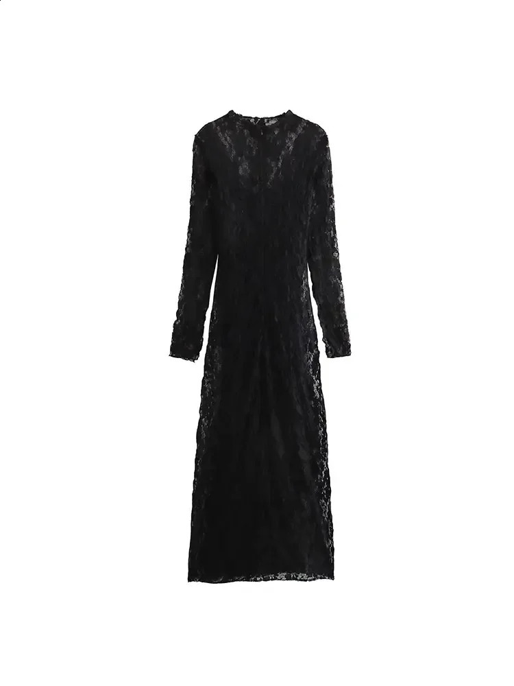 TRAF 2024 Womens High Neck Lace Midi Dress Retro Ultra Thin Long Dress Womens Sexy Strap Evening Dress 240904