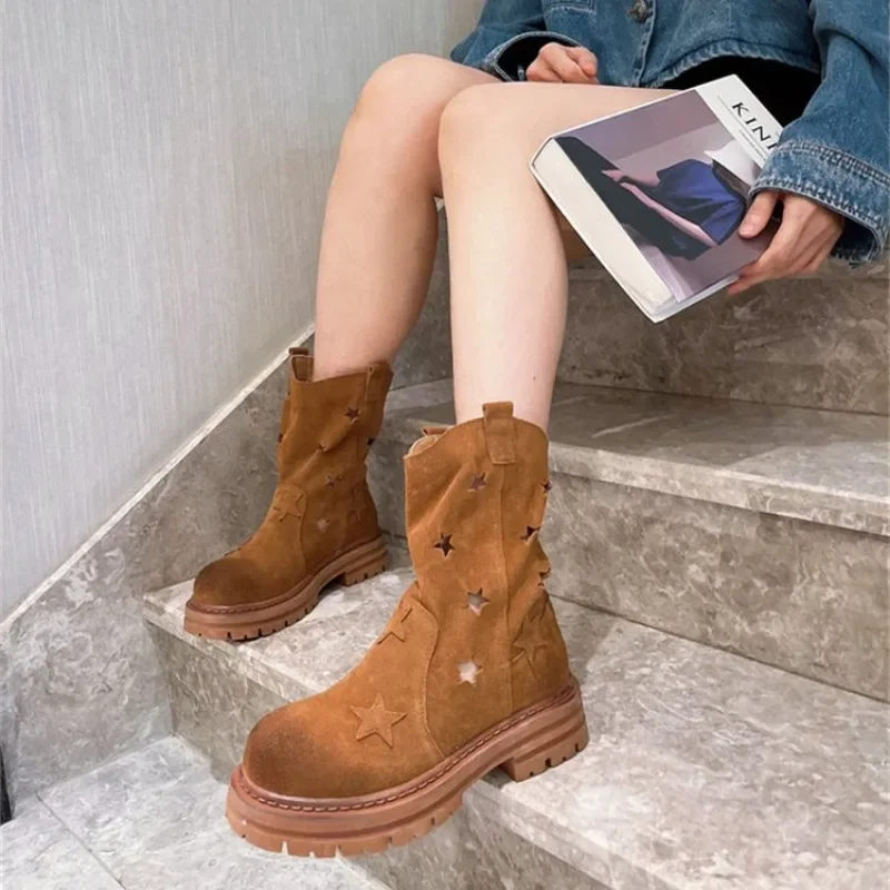 Boots Cowboy Women Shoes Mid Calf Western New Rock Comfortable and Elegant Barefoot Hollow Out Engrave Retro Chunky Hot Designer 1e9a