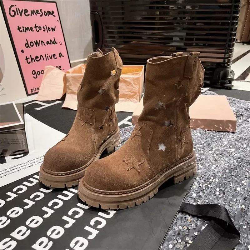 Boots Cowboy Women Shoes Mid Calf Western New Rock Comfortable and Elegant Barefoot Hollow Out Engrave Retro Chunky Hot Designer 1e9a