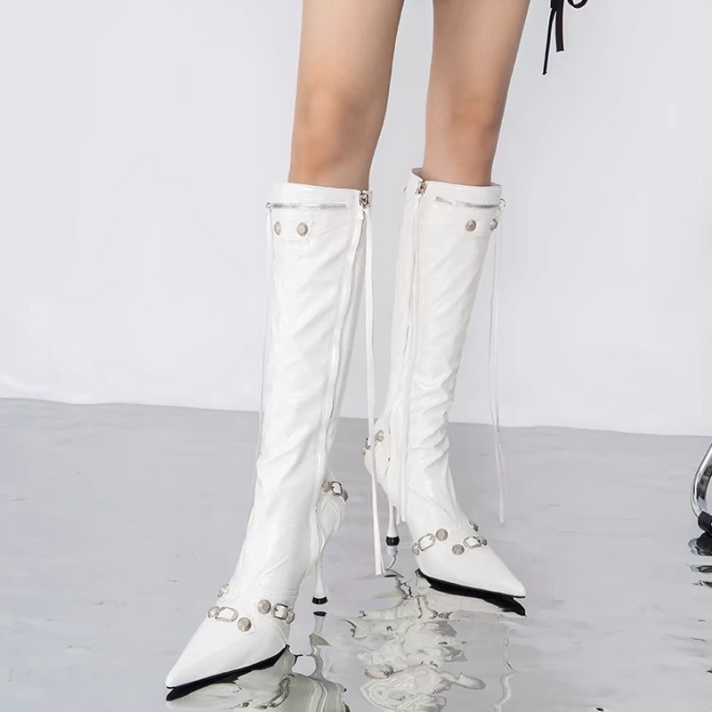 Women's Boots 2024 Autumn Winter New Metal Decoration Knight Boots High Heels Pointed Tassel with Knee Fashion Boots Botas Mujer