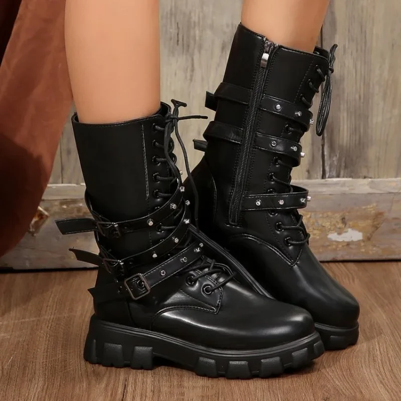 Mid New Calf Women Autumn Winter Fashion Lace-up Zipper Botas Mujer Sports Platform Heel Ladies Shoes Knee High Boots 4880