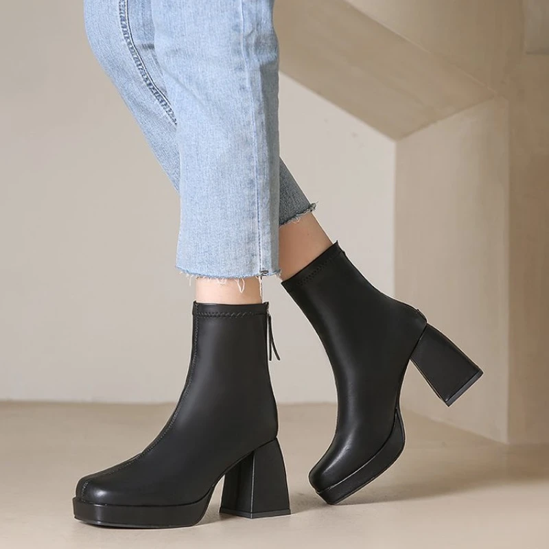 Short High Women Fashion Shoes Autumn Winter Chunky Heels Waterproof Square Toe Plus Size Ankle Boots 2024 f011