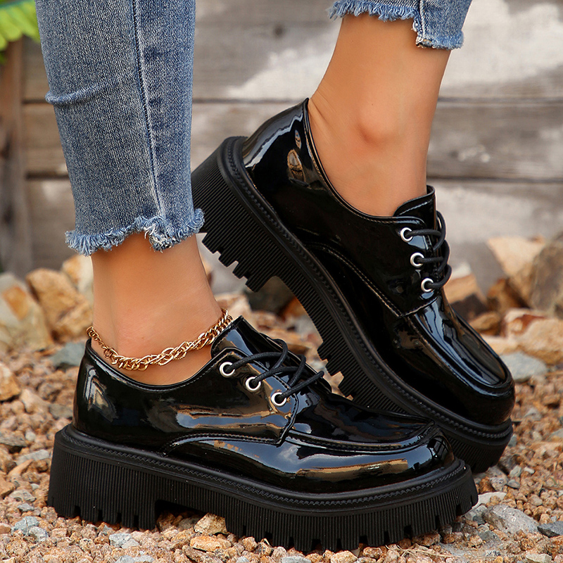 Women's Patent Leather Platform Loafers Round Toe Lace Up Flats Shoes Woman Spring Autumn Non Slip Black Oxfords Shoes Plus Size