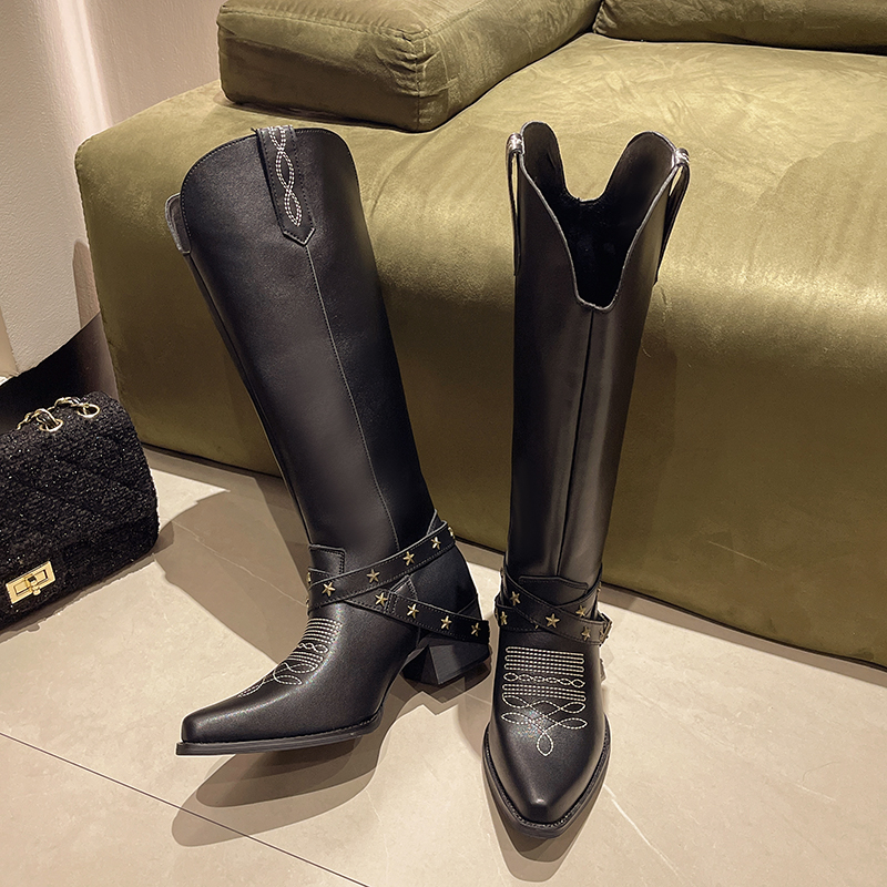 Embroidered New Western Cowboy Vintage Black Knight Chunky Heel Rock Women's Pointy Thigh-high Boots e8e1