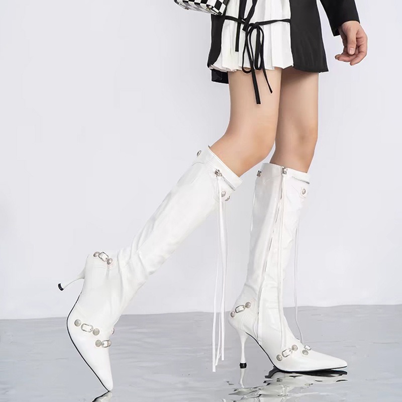 Women's Boots 2024 Autumn Winter New Metal Decoration Knight Boots High Heels Pointed Tassel with Knee Fashion Boots Botas Mujer