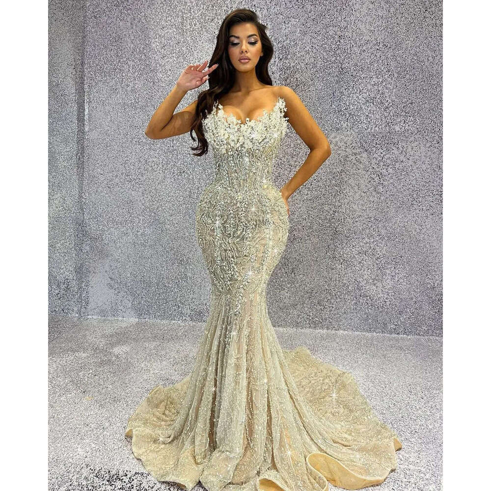Evening Sparkly Mermaid Sleeveless V Neck Beaded Appliques Sequins Pearls Dias Or Length Prom Dresses Formal Plus Size Gowns Party Dress 6660306
