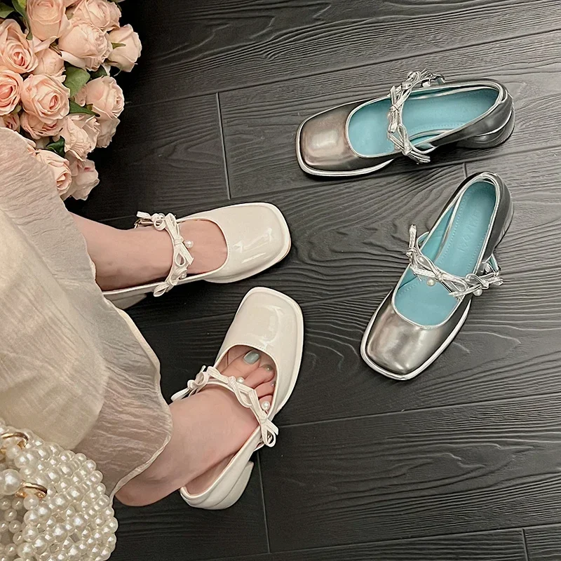 Designer Pearl Square Toe Mary Jane Shoes Women 2024 Sweet Bow Solid New Color Shallow Mouth Outdoor Party Dress High Heels e49e