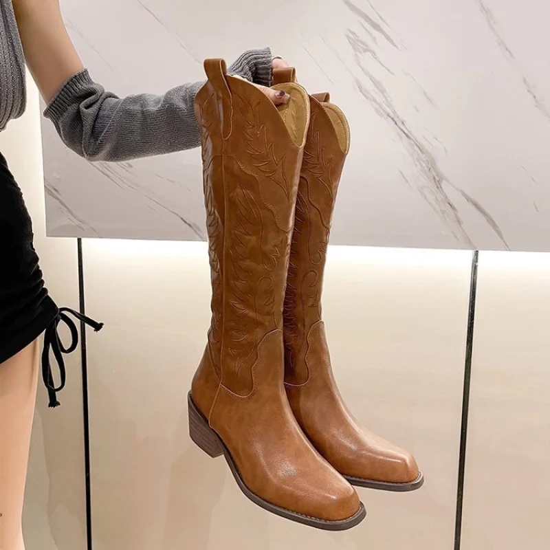 Chunky Western Women Cowboy Vintage Square-toed Sexy Trend Shoes Winter Designer Long Boots Knee High Heels Boot 5821