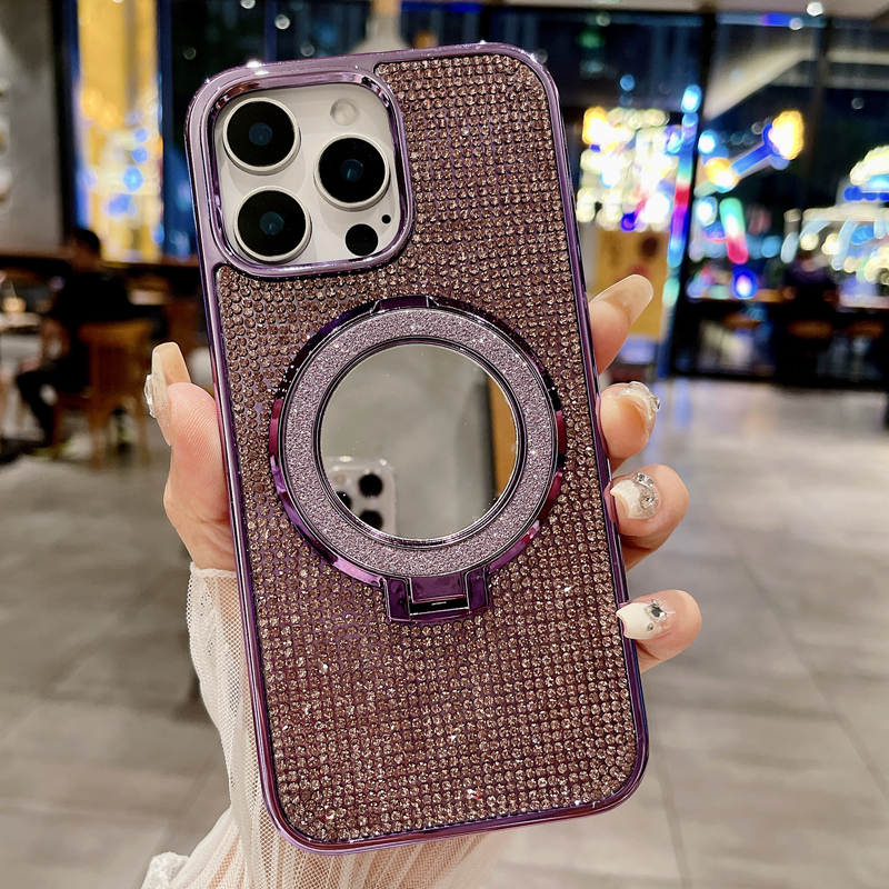 Luxury Bling Glitter Plating Full Diamond Magnetic For Magsafe Grip Make Up Mirror Hide Bracket Ring Stand Shockproof Case for iPhone 12 13 14 15 16 P