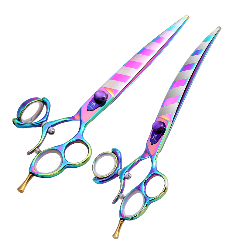 Fenice 8 inch Professional Pets Grooming Scissors 3 Hole 360° Rotating Handle Straight Curved Pet Hair Cutting Shears Scissors