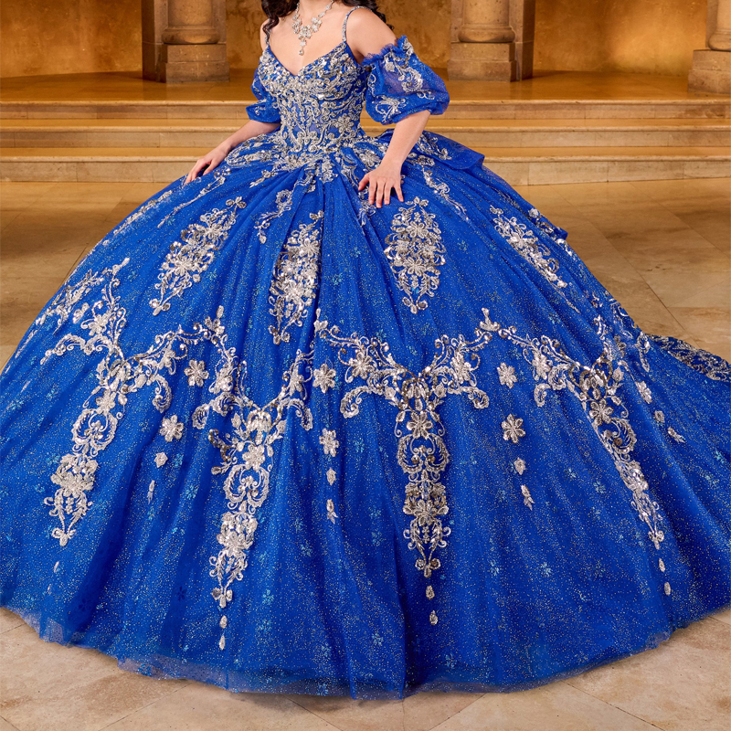 Royal Blue Princess Quinceanera Dresses Spaghetti Strap Gold Lace Applique Beading Tull Corset Sweet 16 Birthday Party Vestidos De 15 Anos