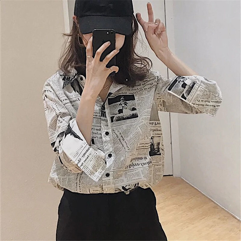 Gidyq Fashion Womens Chiffon Shirt Korean Casual spaper Printed Loose Top Bf Street Clothing Full Match 240814