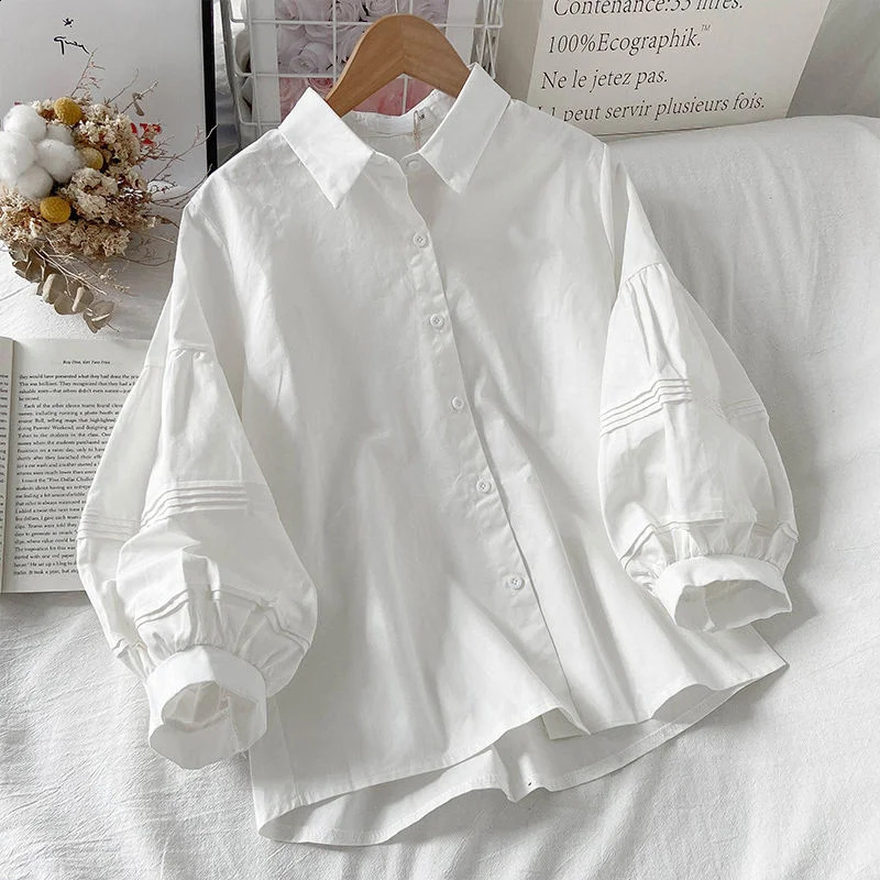 Puff sleeve womens white lapel preparatory style chic top Korean fashion full matching simple summer shirt 240814