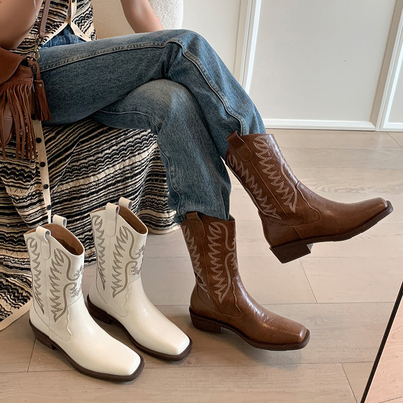 Embroidered Women Western Ankle Vintage Square Head Thick Heel Fashion Booties Autumn Winter New Mid-Calf Ladies Boots c687