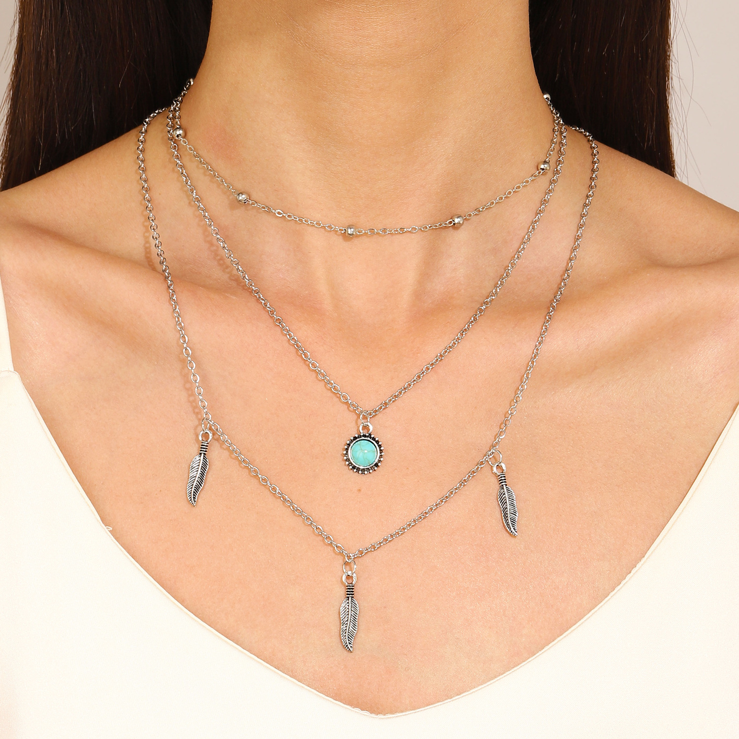 Bohemian Style Multi-Layer Turquoise Necklace with Vintage Sunflower Pendant