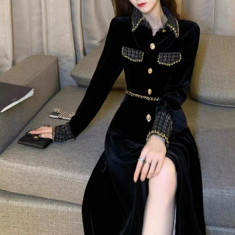 Autumn Elegant Simple Small perfume Dress Womens Waist Closed Thin Polo Neck Button Long Sleeve High end Black Velvet Dress 240904