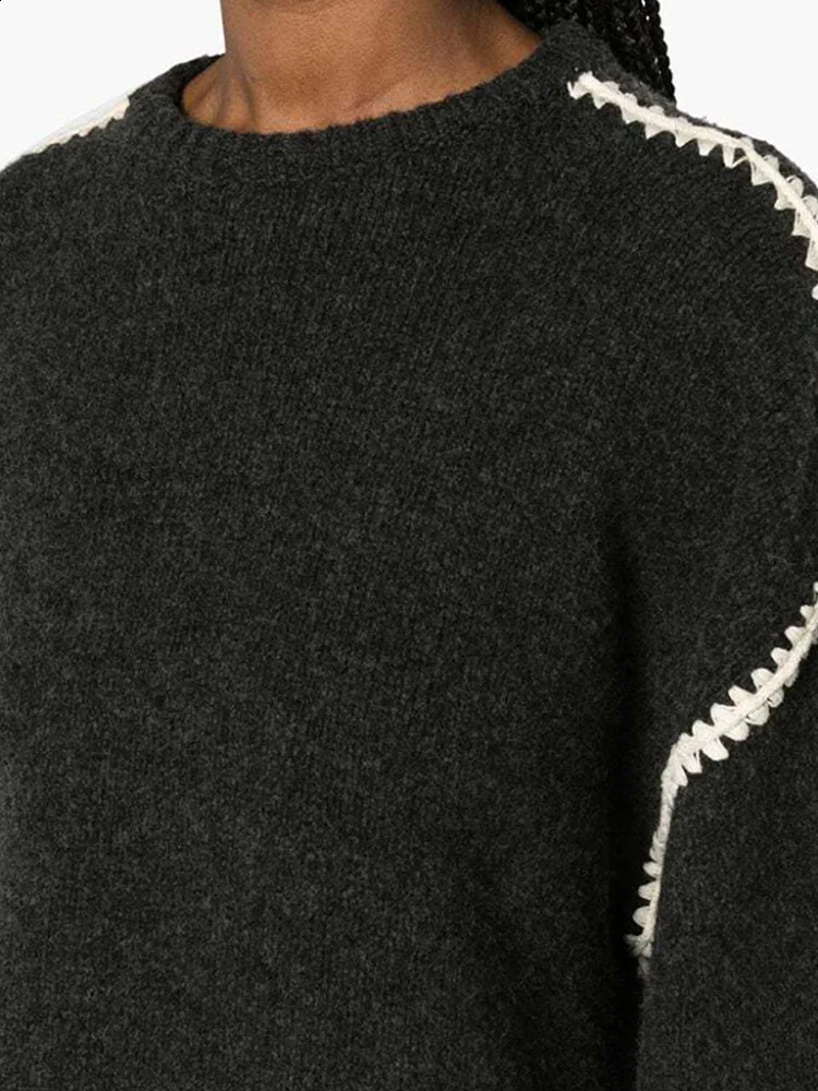 2024 Women Chic Solid O Neck Patchwork Sweater Casual Long Sleeves Loose Knitted Pullover Autumn Winter Lady Fashion Knitwear 240903