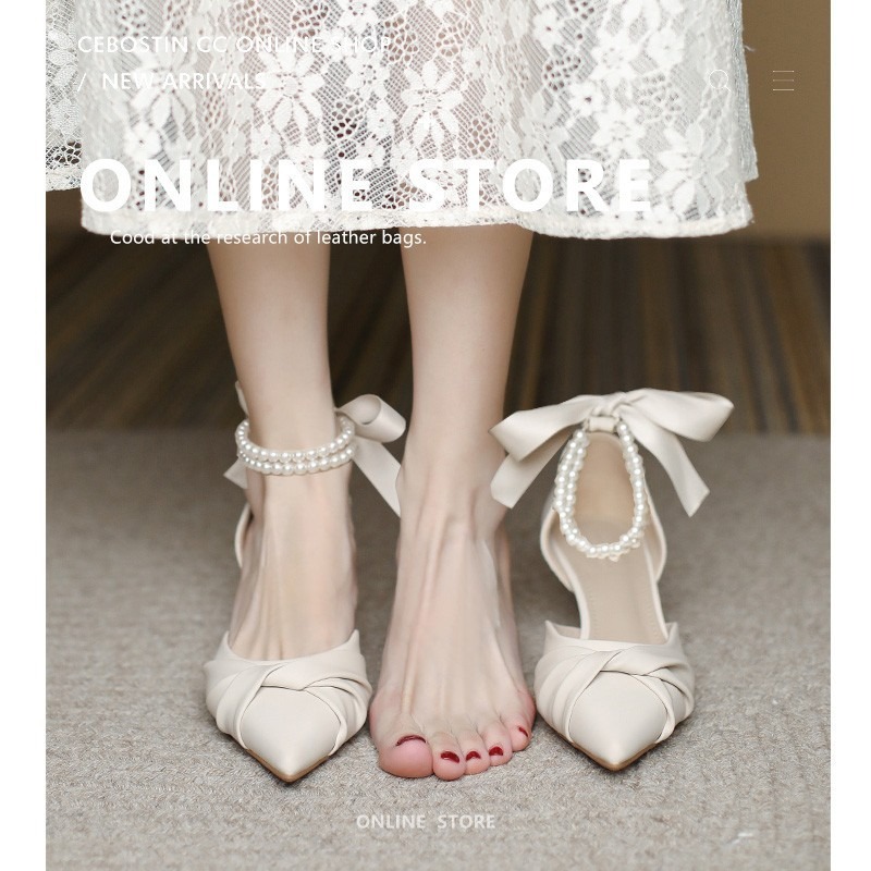 Silk Ankle Pearl White Design 8cm High Heels Women Pumps Stiletto Sexy Bow Strap Dress Wedding Bride Shoes Plus Size 2024