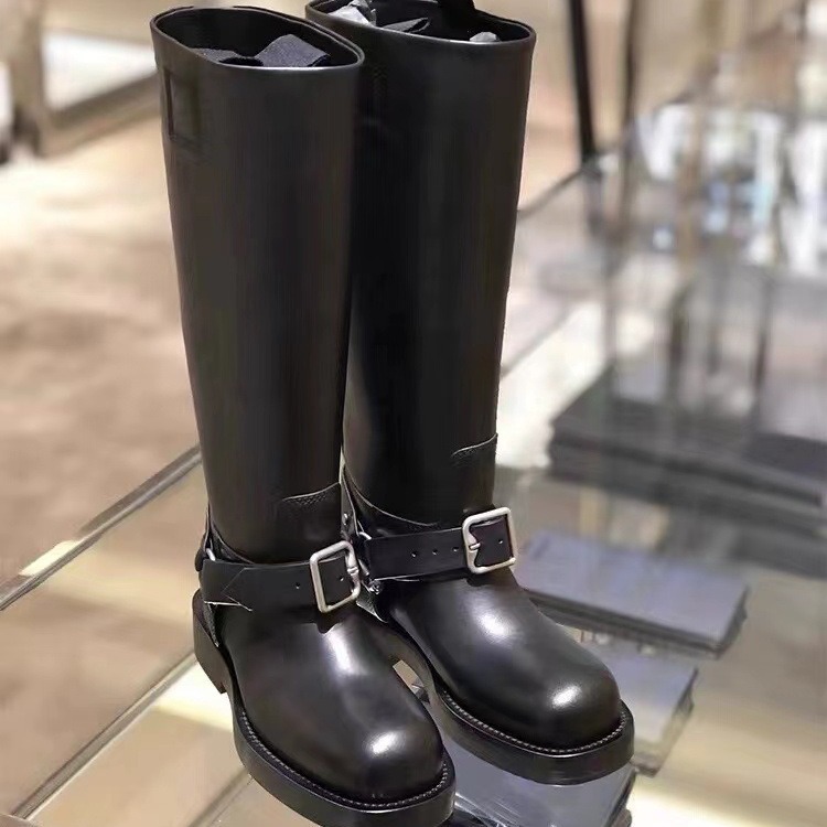 Women Thick New Heeled Black Pointed Toe Leather Mid Calf Autumn Winter Woman Motorcycle Shoes Buckle Long Boots 883a