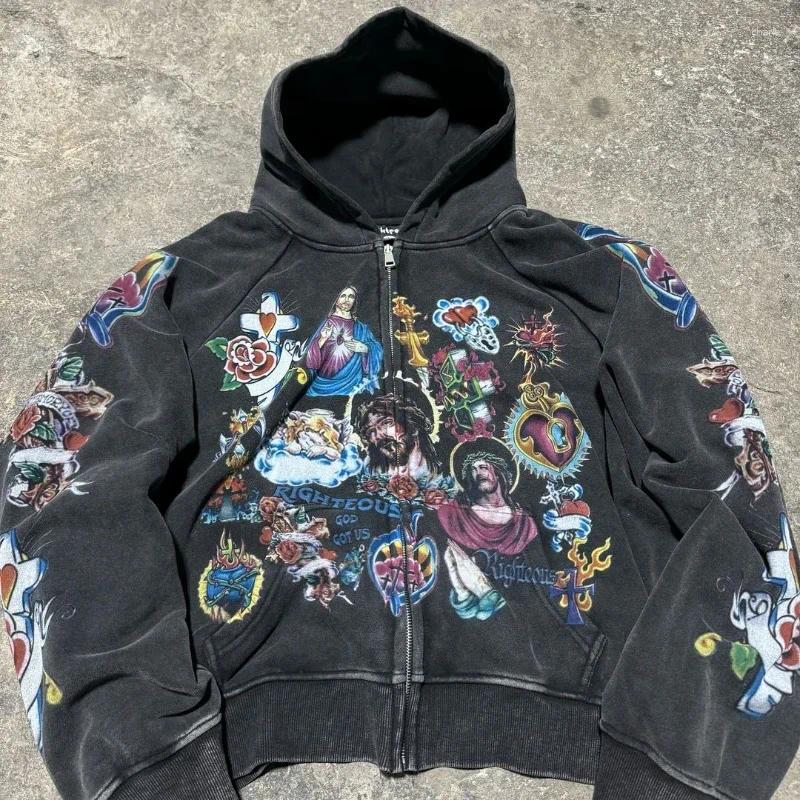 Mens Hoodies Autumn Harajuku Washed Zipper Hoodie Oversize Gothic Retro Printed Graphical Pattern Clothing Polyester Loose Sweatshirt