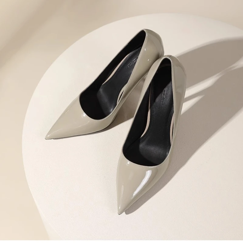 Pointed High Heels Women's 2024 Spring New Grey Elegant Skirt Thin Heel Professional Commuting Leather Shallow Mouth Shoe