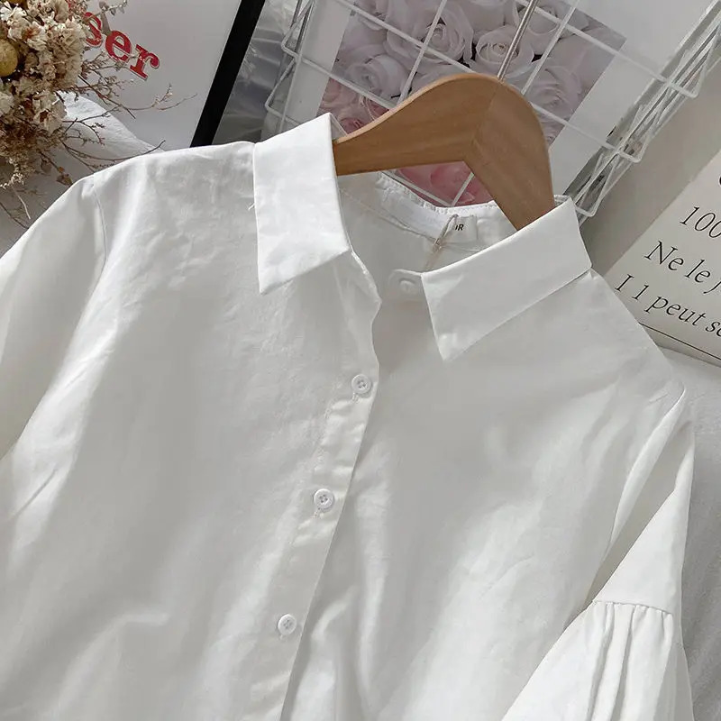Puff sleeve womens white lapel preparatory style chic top Korean fashion full matching simple summer shirt 240814