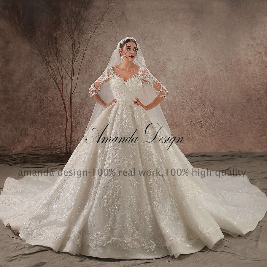 Amanda Design bestidos de novia Long Sleeve Lace Applique Patterns Stunning Ball Gown Wedding Dress