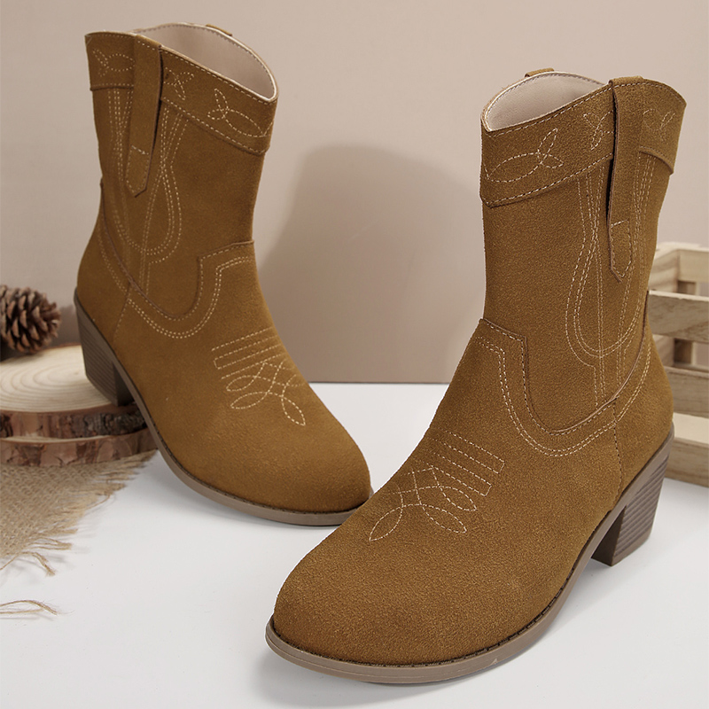 Fashion Women Embroider Ankle Women's Retro Faux Suede Thick Heel Short Boots Woman High Heels Western Botas 43 ff6e 's s
