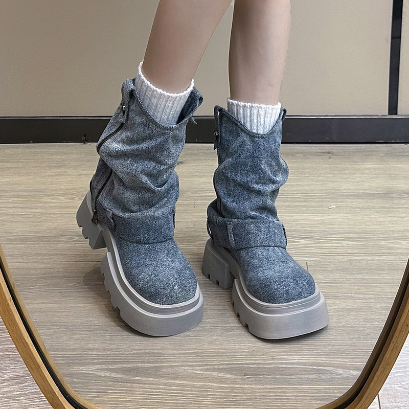 Thick Heel Women Western Cowboy Female New Fashion High Heels Ankle Boots Woman Autumn Winter Platform Motorcycle Botas a88c s