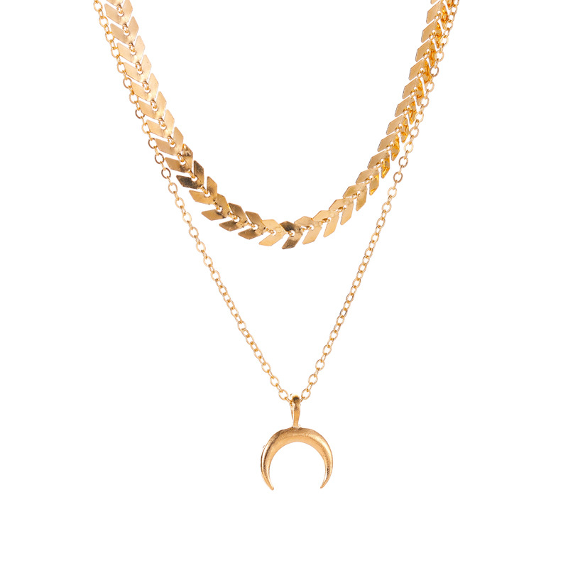 Stylish Personalized Dual Layer Moon Necklace with Elegant Fish Bone Design
