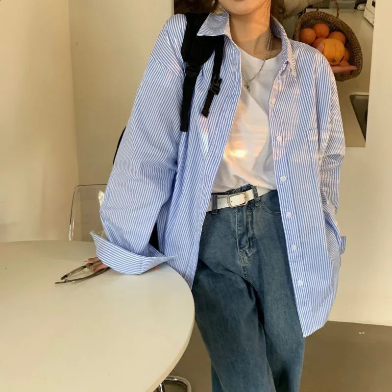 Blue striped long sleeved womens spring and autumn style loose button lapel top casual simple matching shirt 240814