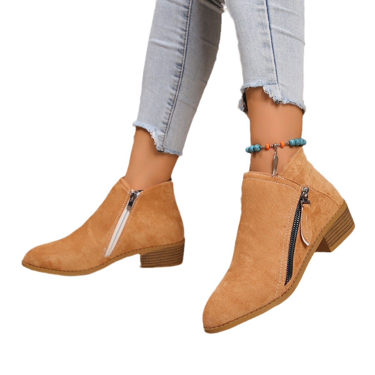 Ankle Women's 2024 Spring Vintage Zip Heeled Short Boots for Women Fashion Chunky Heel Casual Single Shoes Female 3a0f