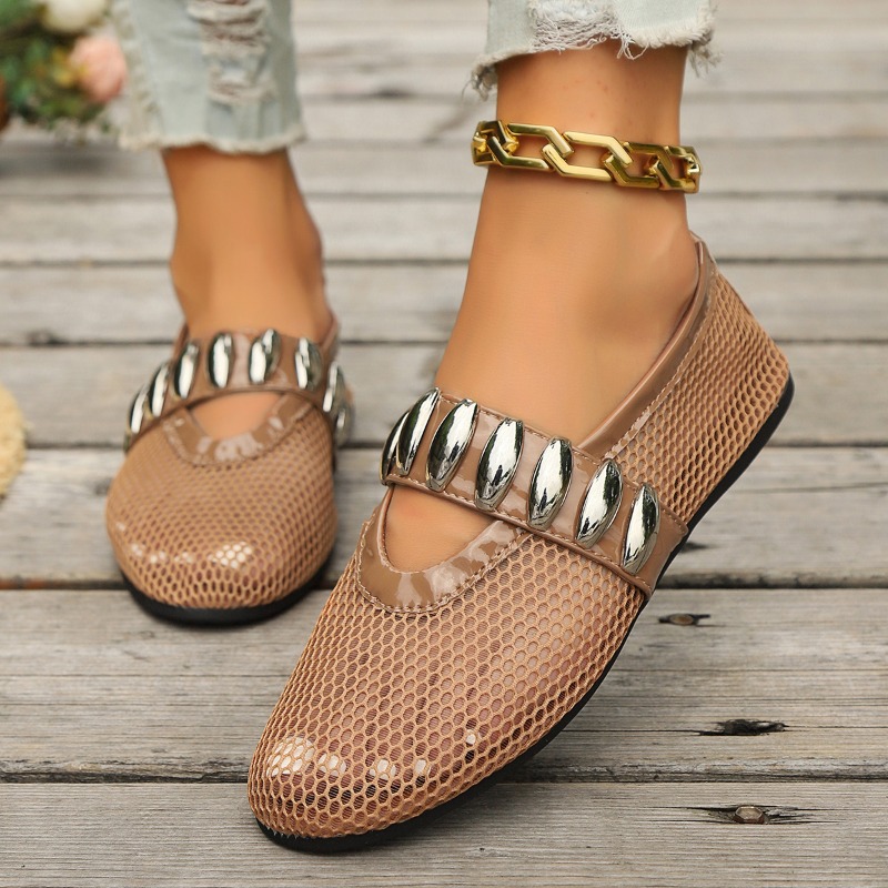 Fashion Mesh Flat Sandals Women Hollow Designer Sandals Female Metal Buckle Rivet Ballet Round Head Breathable Mesh Pumps Women
