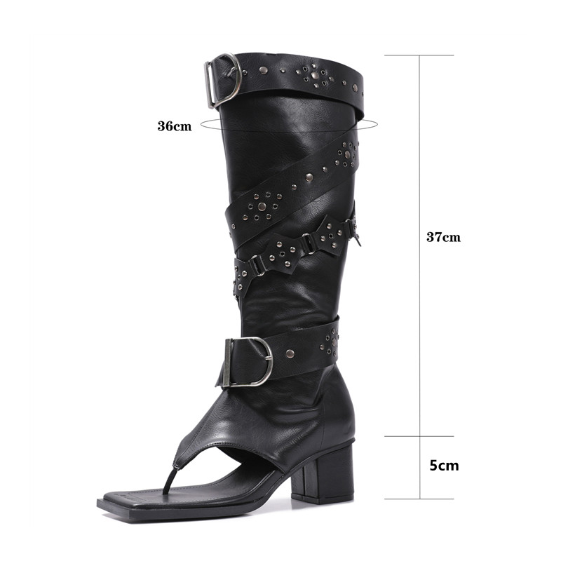 style Fashion Ins Rivet Metal Buckle Clip-on Women Knee Boots Casual Thick High heels Square toe Leather Long Booties Shoes 1f7d